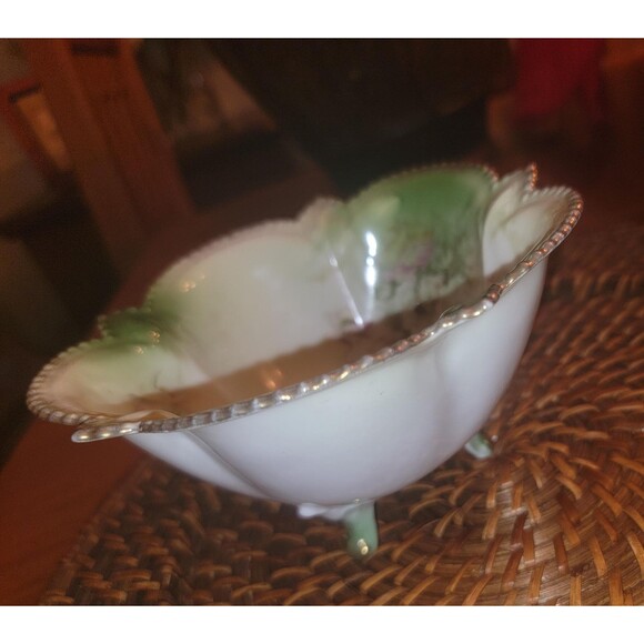 Antique RS Prussia Porcelain Footed Bowl Scalloped Edge Gardenia Gold Rim drops, - Picture 11 of 15